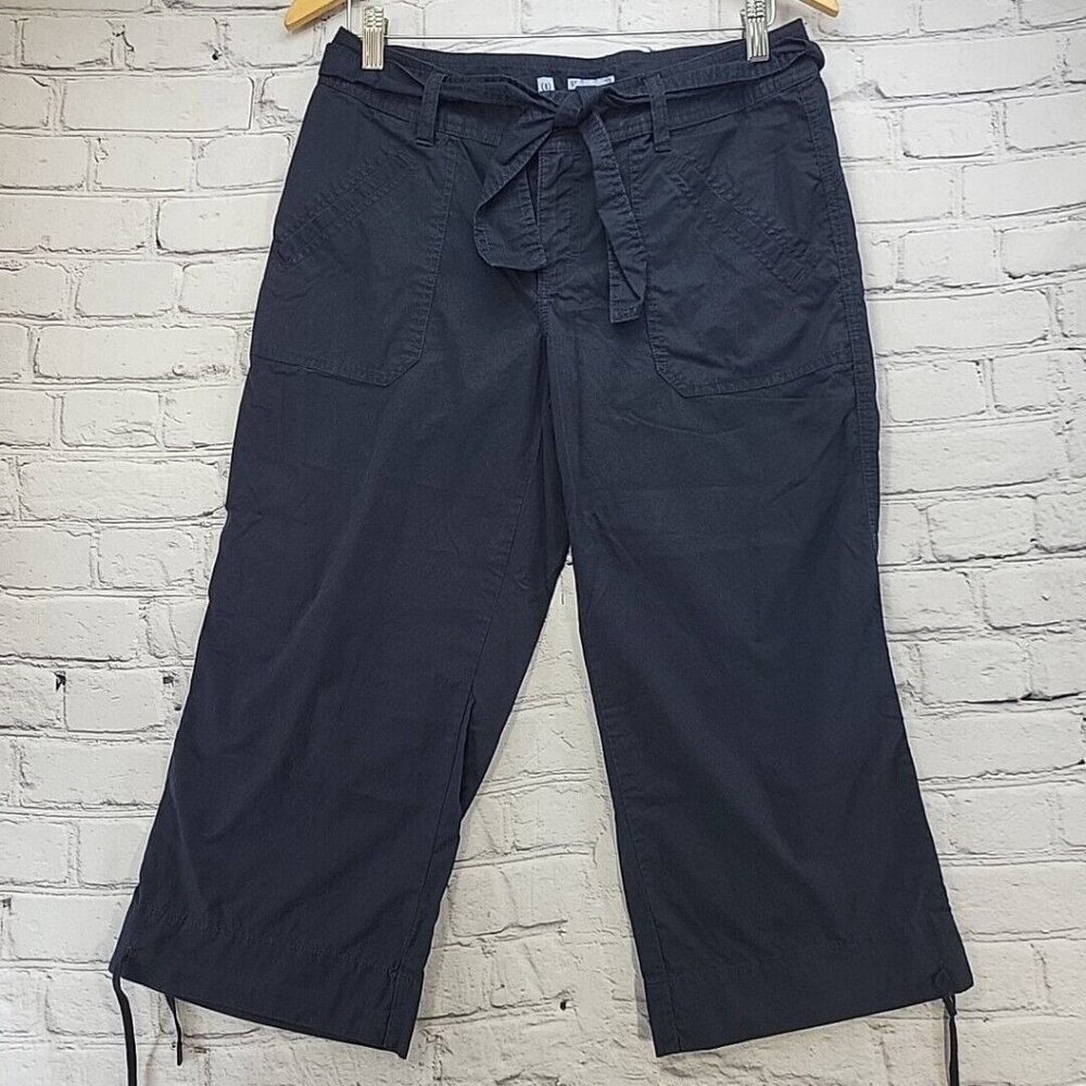 IZOD Pants Womens Sz 4 Black Cotton Capri Tie-Front Drawstring Adjustable Legs